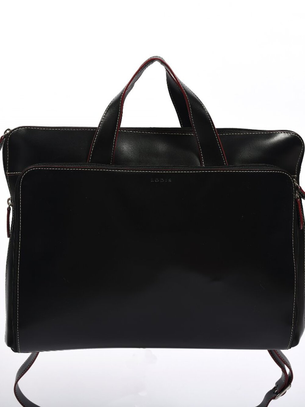 LODIS Audrey Black Leather Laptop Briefcase Tote Red Trim Organizer 16”